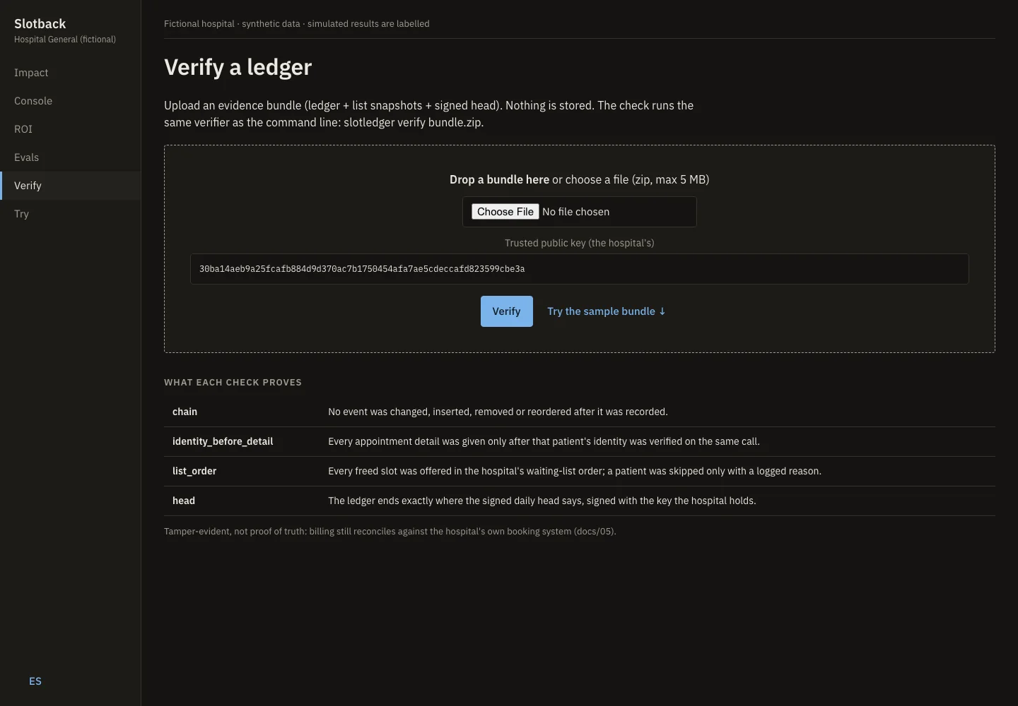 Verify page: upload a ledger bundle and check it independently